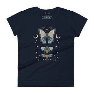 women's navy blue t-shirt. Image Design: boho chic style teal blue and light yellow illustrated butterfly, moth, and beetle with celestial elements, stars, moon crescents.