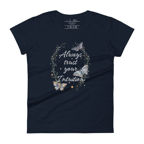 women's navy blue t-shirt. Image Design: Text 