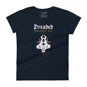 women's navy blue t-shirt with image phrase "Dreaded Banshee Co." with image of a tribal woman with horns, an  owl, crescent moons. Front view.