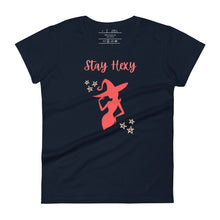 Load image into Gallery viewer, Woman&#39;s navy blue t-shirt with image phrase: Stay Hexy (play on words for Stay Sexy), red silhouette of pretty witch form, pentacle stars on both side. Front view. Halloween, spooky season.
