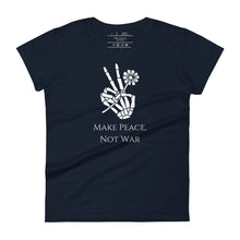 Load image into Gallery viewer, Woman&#39;s navy blue t-shirt with image phrase: Make Peace, Not War, underneath an image of a skeleton hand in the gesture of a peace sign, holding a daisy flower. Front view. Halloween, spooky season.
