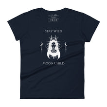 Load image into Gallery viewer, Woman&#39;s navy blue t-shirt with image phrase: Stay wild, moon child. Image design of a woman, with tribal marking on her face, and crown of halo, spikes, and moon crescent. A woman&#39;s face on either side of woman, symbolic of the triple moon goddess. Front view. Halloween, spooky season.
