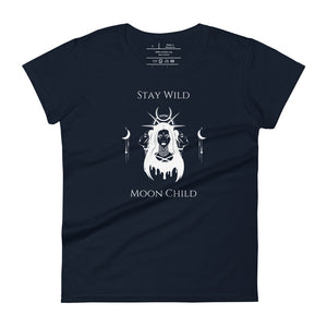 Woman's navy blue t-shirt with image phrase: Stay wild, moon child. Image design of a woman, with tribal marking on her face, and crown of halo, spikes, and moon crescent. A woman's face on either side of woman, symbolic of the triple moon goddess. Front view. Halloween, spooky season.