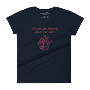 woman's navy blue t-shirt, with image design: red half brain, half heart. Image phrase: Red text - Change your thoughts, change your world. Front view.