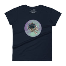 Load image into Gallery viewer, women&#39;s navy t-shirt, with image design: side profile of a skull wearing a crown/hat of black roses, red berries, thorny vines and leaves, with a blue-purple moon behind it. Front View.
