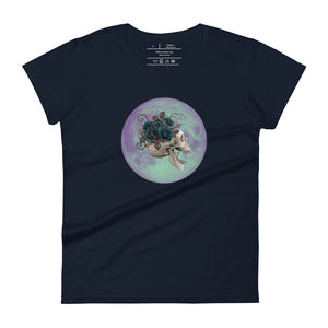 women's navy t-shirt, with image design: side profile of a skull wearing a crown/hat of black roses, red berries, thorny vines and leaves, with a blue-purple moon behind it. Front View.