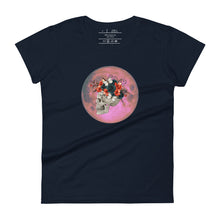 Load image into Gallery viewer, women&#39;s navy blue t-shirt, with image design: side profile of a skull wearing a crown/hat of black roses, red poppies, thorny vines, and white butterflies, with a pink-red moon behind it. Front View.
