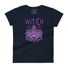 Load image into Gallery viewer, women&#39;s navy blue t-shirt t-shirt with image phrase: &quot;witch&quot; With image of a mystic moth. Front view.
