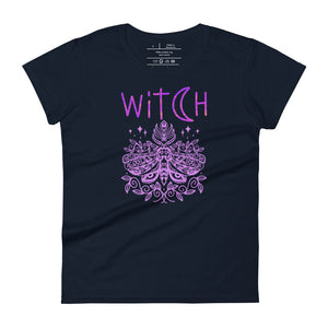 women's navy blue t-shirt t-shirt with image phrase: "witch" With image of a mystic moth. Front view.