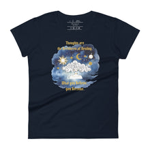 Load image into Gallery viewer, women&#39;s navy blue t-shirt, with image phrase: &quot;Thoughts Are The Architects of Your Destiny.&quot; Front View
