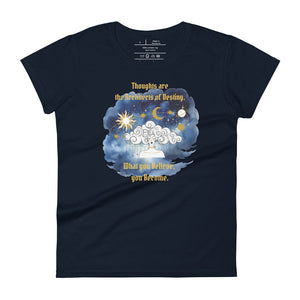 women's navy blue t-shirt, with image phrase: "Thoughts Are The Architects of Your Destiny." Front View