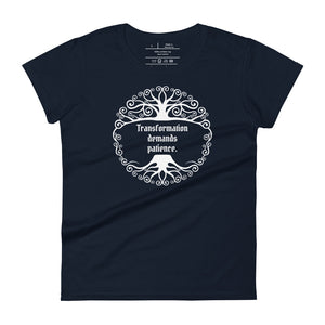 Unisex navy blue t-shirt, with image phrase: "Transformation demands patience." Front view.