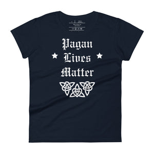 women's navy blue t-shirt with image phrase: "Pagan Lives Matter." with image graphic of heart triquetra symbol.