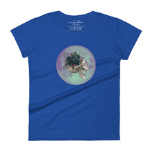 Load image into Gallery viewer, women&#39;s royal blue t-shirt, with image design: side profile of a skull wearing a crown/hat of black roses, red berries, thorny vines and leaves, with a blue-purple moon behind it. Front View.
