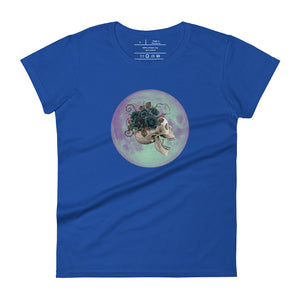 women's royal blue t-shirt, with image design: side profile of a skull wearing a crown/hat of black roses, red berries, thorny vines and leaves, with a blue-purple moon behind it. Front View.