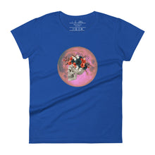 Load image into Gallery viewer, women&#39;s royal blue t-shirt, with image design: side profile of a skull wearing a crown/hat of black roses, red poppies, thorny vines, and white butterflies, with a pink-red moon behind it. Front View.
