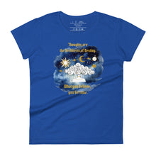 Load image into Gallery viewer, women&#39;s royal blue t-shirt, with image phrase: &quot;Thoughts Are The Architects of Your Destiny.&quot; Front View
