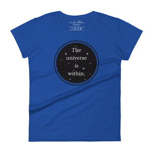 women's royal blue t-shirt, with image phrase "The universe is within," enclosed in a black circle and stars.