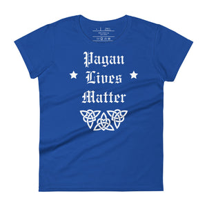 women's royal blue t-shirt with image phrase: "Pagan Lives Matter." with image graphic of heart triquetra symbol.