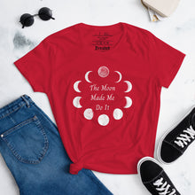 Load image into Gallery viewer, Woman&#39;s red t-shirt with image phrase: The moon made me do it. Bordered with Moon phases. Front view. Halloween, spooky season.
