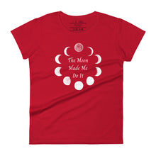 Load image into Gallery viewer, Woman&#39;s red t-shirt with image phrase: The moon made me do it. Bordered with Moon phases. Front view. Halloween, spooky season.
