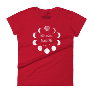 Woman's red t-shirt with image phrase: The moon made me do it. Bordered with Moon phases. Front view. Halloween, spooky season.