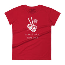 Load image into Gallery viewer, Woman&#39;s red t-shirt with image phrase: Make Peace, Not War, underneath an image of a skeleton hand in the gesture of a peace sign, holding a daisy flower. Front view. Halloween, spooky season.
