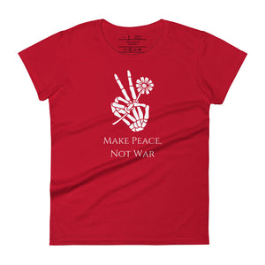 Woman's red t-shirt with image phrase: Make Peace, Not War, underneath an image of a skeleton hand in the gesture of a peace sign, holding a daisy flower. Front view. Halloween, spooky season.