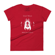 Load image into Gallery viewer, Woman&#39;s red t-shirt with image phrase: Stay wild, moon child. Image design of a woman, with tribal marking on her face, and crown of halo, spikes, and moon crescent. A woman&#39;s face on either side of woman, symbolic of the triple moon goddess. Front view. Halloween, spooky season.
