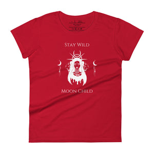 Woman's red t-shirt with image phrase: Stay wild, moon child. Image design of a woman, with tribal marking on her face, and crown of halo, spikes, and moon crescent. A woman's face on either side of woman, symbolic of the triple moon goddess. Front view. Halloween, spooky season.