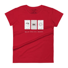 Load image into Gallery viewer, Woman&#39;s red t-shirt with image phrase: Create your own destiny, with 2 tarot cards, representing past, present, future. Front view. Halloween, spooky season.
