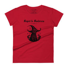 Load image into Gallery viewer, Woman&#39;s red t-shirt with image phrase: Magical &amp; Mischievous, with image of black cat wearing a black hat underneath. Front view. Halloween, spooky season.
