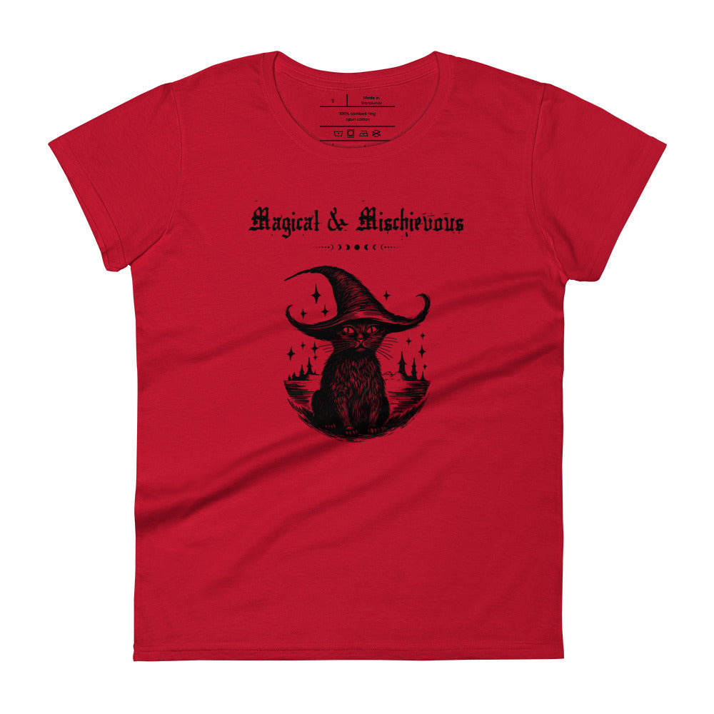 Woman's red t-shirt with image phrase: Magical & Mischievous, with image of black cat wearing a black hat underneath. Front view. Halloween, spooky season.