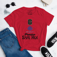 Load image into Gallery viewer, Woman&#39;s red t-shirt with image phrase: Practice safe Hex (play on words for &#39;Practice safe sex.&#39; Above phrase is a spell book, a cauldron, a wand. Front view. Halloween, spooky season.
