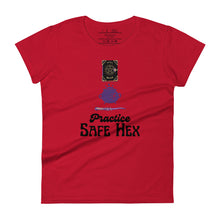 Load image into Gallery viewer, Woman&#39;s red t-shirt with image phrase: Practice safe Hex (play on words for &#39;Practice safe sex.&#39; Above phrase is a spell book, a cauldron, a wand. Front view. Halloween, spooky season.
