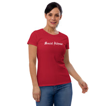 Load image into Gallery viewer, woman modeling/wearing woman&#39;s true red t-shirt, with Image phrase: white text - &quot;Mental Alchemist.&quot; Front view.
