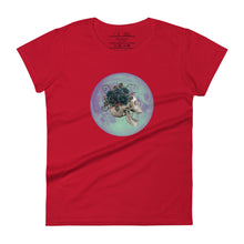 Load image into Gallery viewer, women&#39;s true red t-shirt, with image design: side profile of a skull wearing a crown/hat of black roses, red berries, thorny vines and leaves, with a blue-purple moon behind it. Front View.
