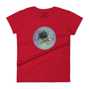 women's true red t-shirt, with image design: side profile of a skull wearing a crown/hat of black roses, red berries, thorny vines and leaves, with a blue-purple moon behind it. Front View.