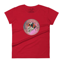 Load image into Gallery viewer, women&#39;s true red t-shirt, with image design: side profile of a skull wearing a crown/hat of black roses, red poppies, thorny vines, and white butterflies, with a pink-red moon behind it. Front View.
