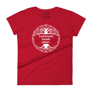 Unisex true red t-shirt, with image phrase: "Transformation demands patience." Front view.