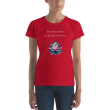 Load image into Gallery viewer, woman modeling/wearing women&#39;s true red t-shirt, with image phrase: &quot;The quiet mind hears the Universe.&quot; Image of watercolor pink and blue lotus flower floating on water.
