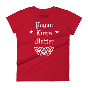 women's true red t-shirt with image phrase: "Pagan Lives Matter." with image graphic of heart triquetra symbol.