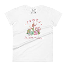 Load image into Gallery viewer, women&#39;s white t-shirt with image design of Moon phases, cacti and flowers, and &quot;Stay Wild Moon Child&quot; text
