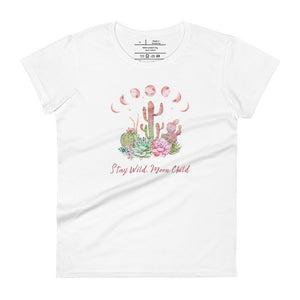 women's white t-shirt with image design of Moon phases, cacti and flowers, and "Stay Wild Moon Child" text