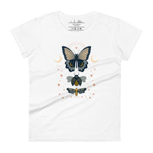 Load image into Gallery viewer, women&#39;s white t-shirt. Image Design: boho chic style teal blue and light yellow illustrated butterfly, moth, and beetle with celestial elements, stars, moon crescents.
