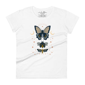 women's white t-shirt. Image Design: boho chic style teal blue and light yellow illustrated butterfly, moth, and beetle with celestial elements, stars, moon crescents.