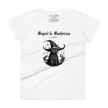 Load image into Gallery viewer, Woman&#39;s white t-shirt with image phrase: Magical &amp; Mischievous, with image of black cat wearing a black hat underneath. Front view. Halloween, spooky season.
