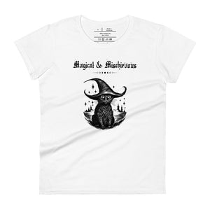 Woman's white t-shirt with image phrase: Magical & Mischievous, with image of black cat wearing a black hat underneath. Front view. Halloween, spooky season.