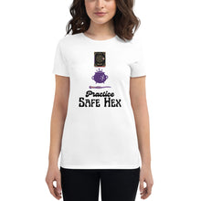 Load image into Gallery viewer, Woman modeling/wearing woman&#39;s white t-shirt with image phrase: Practice safe Hex (play on words for &#39;Practice safe sex.&#39; Above phrase is a spell book, a cauldron, a wand. Front view. Halloween, spooky season.
