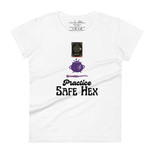 Load image into Gallery viewer, Woman&#39;s white t-shirt with image phrase: Practice safe Hex (play on words for &#39;Practice safe sex.&#39; Above phrase is a spell book, a cauldron, a wand. Front view. Halloween, spooky season.
